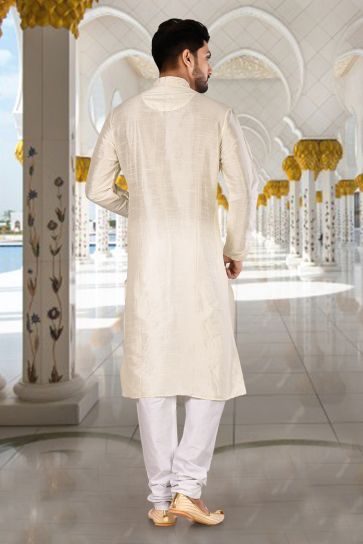 Off White Art Silk Sangeet Wear Trendy Readymade Kurta Pyjama For Men