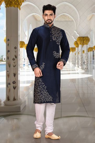 Art Silk Navy Blue Color Wedding Wear Readymade Designer Men Kurta Pyjama