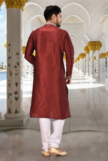 Festive Wear Readymade Lovely Kurta Pyjama For Men In Maroon Color