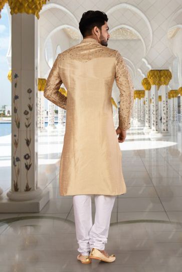 Beautiful Cream Color Wedding Wear Readymade Kurta Pyjama For Men In Art Silk Fabric