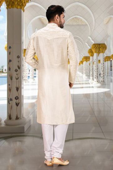 Reception Wear Attractive Readymade Men Kurta Pyjama In Off White Color