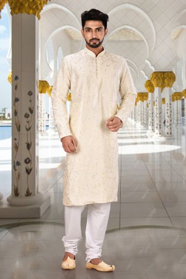Reception Wear Attractive Readymade Men Kurta Pyjama In Off White Color