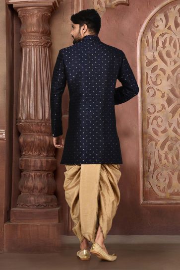 Beautiful Navy Blue Color Wedding Wear Readymade Dhoti Style Indo Western For Men In Cotton Fabric