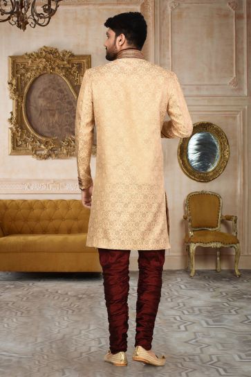 Beige Fancy Fabric Graceful Readymade Men Indo Western For Wedding Wear