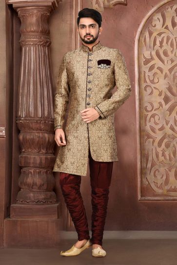 Fancy Fabric Dark Beige Magnificent Readymade Men Indo Western For Sangeet Wear
