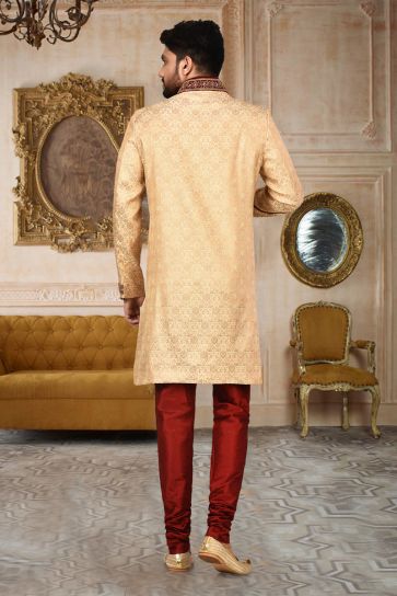 Beige Color Fancy Fabric Function Wear Readymade Indo Western For Men