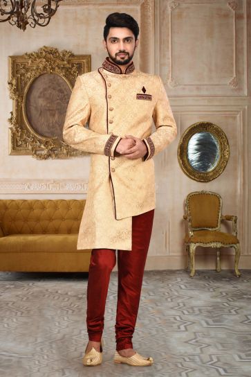 Beige Color Fancy Fabric Function Wear Readymade Indo Western For Men