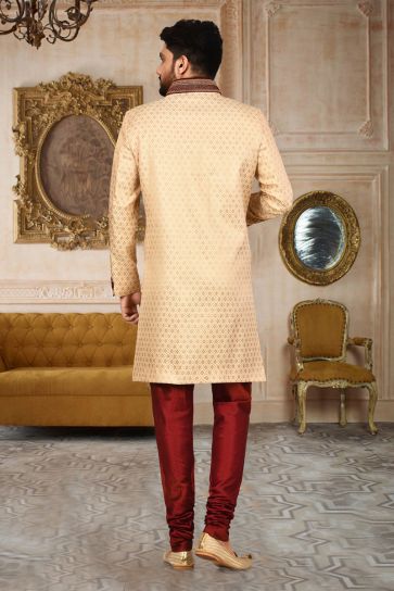 Fancy Fabric Beige Color Wedding Wear Readymade Men Stylish Indo Western