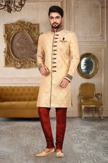 Beige Fancy Fabric Sangeet Wear Trendy Readymade Indo Western For Men