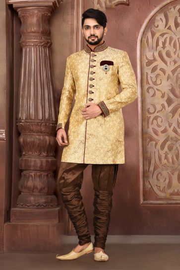 Fancy Fabric Beige Color Wedding Wear Readymade Designer Men Indo Western