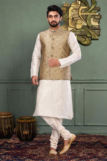 Cream Fancy Fabric Sangeet Wear Trendy Readymade Men Jacket