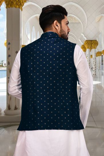 Navy Blue Color Fancy Fabric Festive Wear Readymade Men Jacket