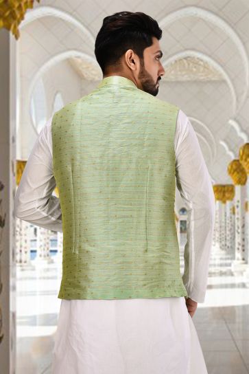 Sangeet Wear Sea Green Color Readymade Men Jacket In Fancy Fabric 
