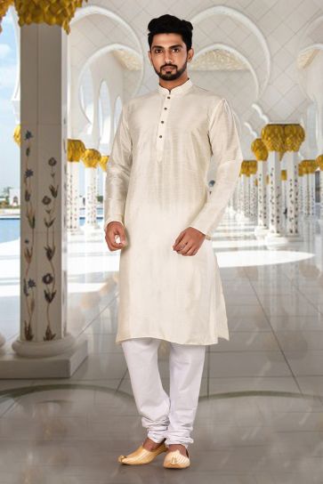 Art Silk Off White Magnificent Readymade Men Kurta Pyjama For Sangeet Wear