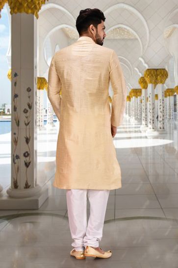 Beige Color Reception Wear Readymade Art Silk Kurta Pyjama For Men