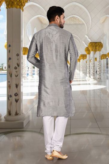 Art Silk Function Wear Readymade Grey Color Kurta Pyjama For Men