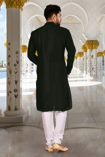 Sangeet Wear Readymade Kurta Pyjama For Men In Art Silk Black Color