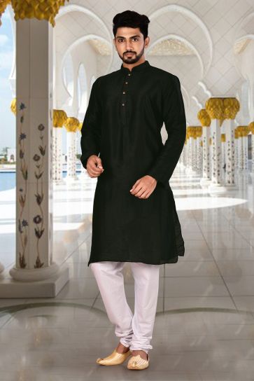 Sangeet Wear Readymade Kurta Pyjama For Men In Art Silk Black Color