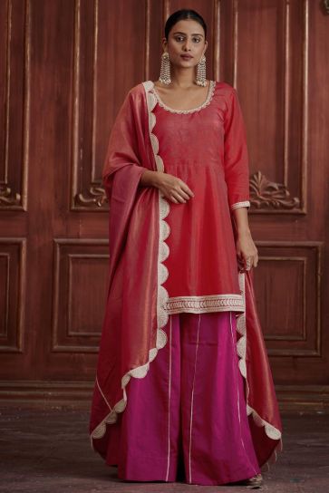 Red Color Silk Fabric Festive Wear Trendy Readymade Sharara Set