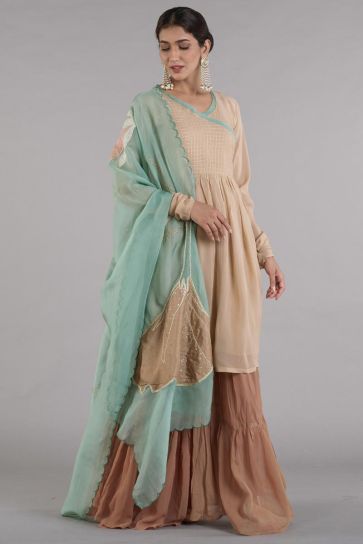Beige Color Silk Fabric Reception Wear Glamorous Readymade Sharara Set