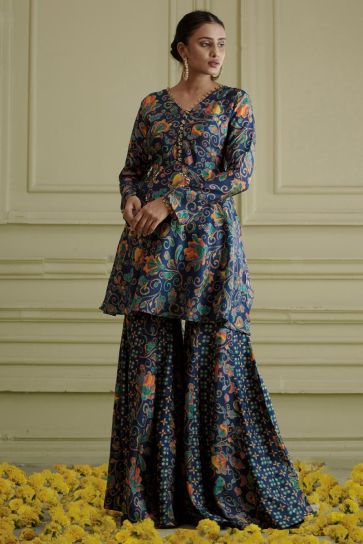 Blue Color Silk Fabric Sangeet Wear Artistic Readymade Sharara Set