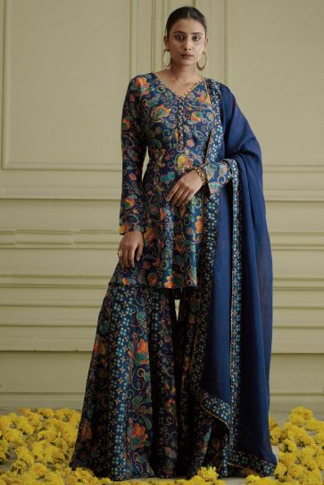 Blue Color Silk Fabric Sangeet Wear Artistic Readymade Sharara Set