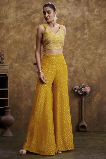 Yellow Color Georgette Jacquard Fabric Party Wear Splendiferous Readymade Sharara Set With Jacket