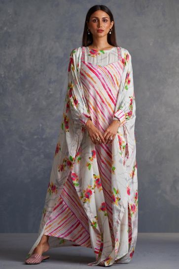 Viscose Crepe Fabric Stripes Printed Readymade Maxi Dress With Cape
