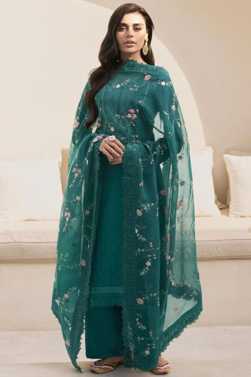 Art Silk Fabric Teal Color Embroidered Palazzo Salwar Suit