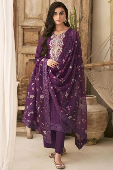 Purple Color Embroidered Art Silk Fabric Palazzo Suit
