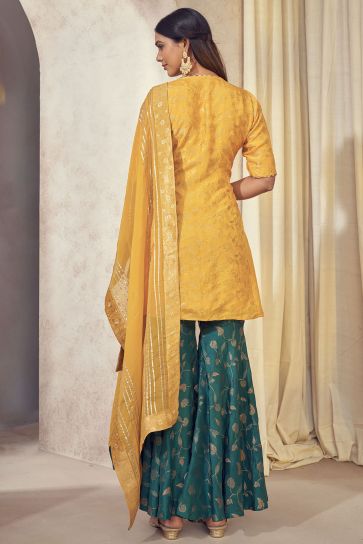 Yellow Color Weaving Jacquard Dola Silk Jacquard Fabric Readymade Sharara Set