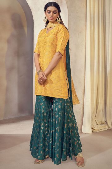 Yellow Color Weaving Jacquard Dola Silk Jacquard Fabric Readymade Sharara Set