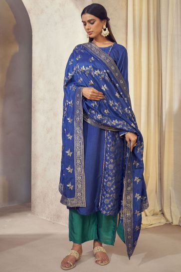 Weaving Jacquard Blue Color Dola Silk Jacquard Fabric Readymade Banarasi Kurta Set
