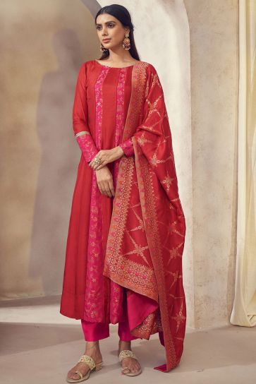 Dola Silk Jacquard Fabric Red Color Weaving Jacquard Readymade Anarkali Kurta Set
