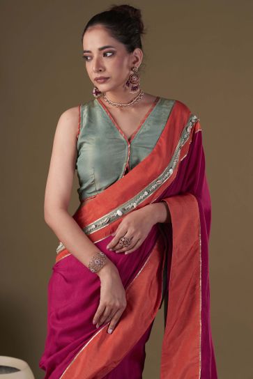 Art Silk Fabric Embroidered Work Pink Color Party Wear Designer Readymade Classic Saree