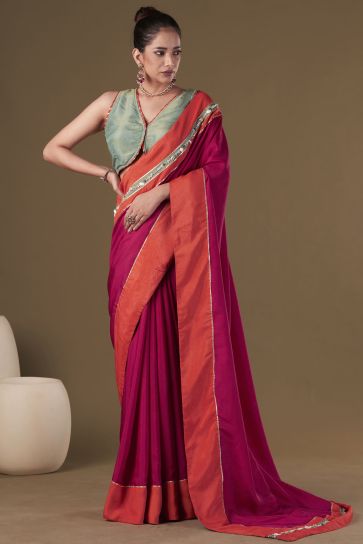 Art Silk Fabric Embroidered Work Pink Color Party Wear Designer Readymade Classic Saree