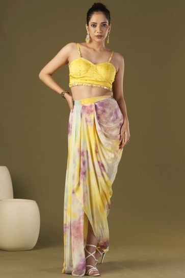 Viscose Crepe Fabric Embroidered Work Party Wear Yellow Color Designer Readymade Draped Skirt Set