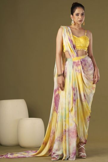 Viscose Crepe Fabric Embroidered Work Party Wear Designer Yellow Color Readymade Pre Draped Saree