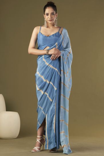 Viscose Crepe Fabric Embroidered Work Party Wear Designer Readymade Blue Color Pre Draped Saree