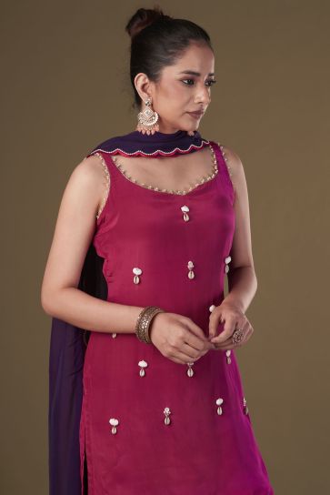 Viscose Crepe Fabric Embroidered Work Party Wear Designer Readymade Sharara Kurta Set In Pink Color