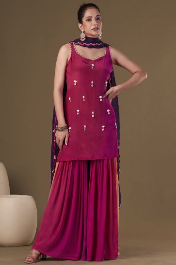 Viscose Crepe Fabric Embroidered Work Party Wear Designer Readymade Sharara Kurta Set In Pink Color