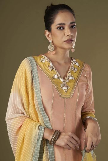 Peach Color Embroidered Work Tissue Silk Fabric Party Wear Designer Readymade Anarkali Style Kurta Set