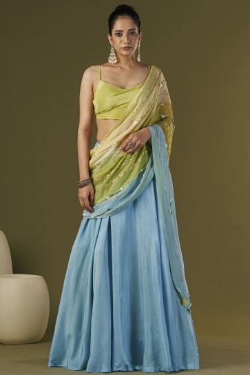 Sky Blue Color Embroidered Work Party Wear Art Silk Fabric Designer Readymade Lehenga Saree