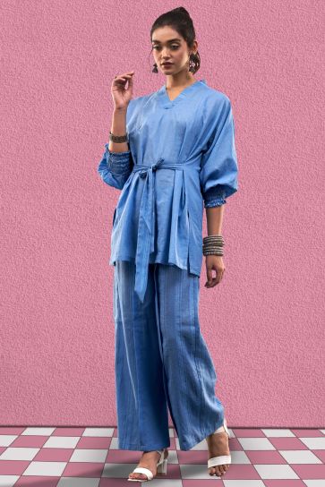 Blue Color Party Wear Designer Cotton Jacquard Fabric Readymade Co Ord Set