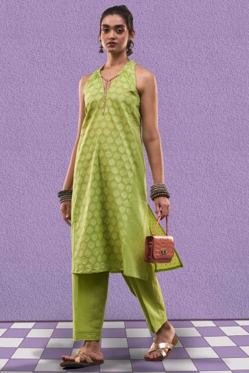 Green Color Party Wear Designer Readymade Cotton Jacquard Fabric Fusion Kurta Set