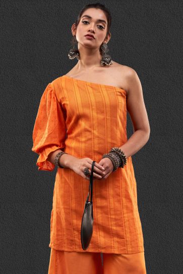 Orange Color Party Wear Designer Readymade Fusion Kurta Set In Cotton Jacquard Fabric