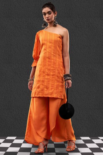 Orange Color Party Wear Designer Readymade Fusion Kurta Set In Cotton Jacquard Fabric