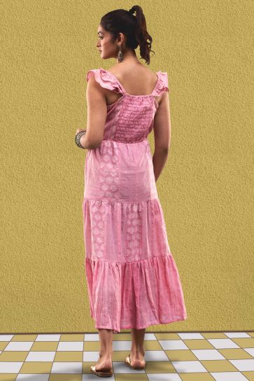 Pink Color Cotton Jacquard Fabric Designer Readymade Party Wear Maxi Dress