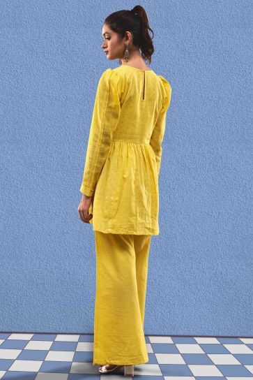 Yellow Color Cotton Jacquard Fabric Designer Readymade Fusion Kurta Set For Party Wear