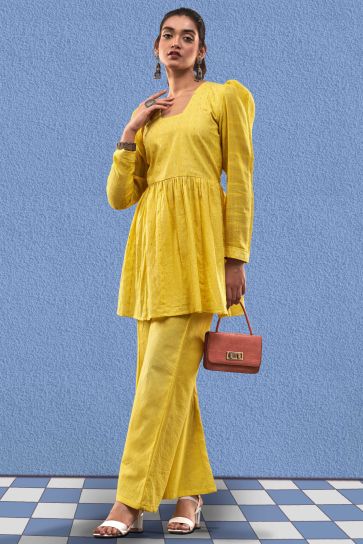 Yellow Color Cotton Jacquard Fabric Designer Readymade Fusion Kurta Set For Party Wear